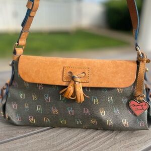 Dooney & Bourke Multicolor DB Logo Shoulder Bag with Tan Leather Flap